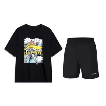 Li Ning Мультяшный тренд Круглый вырез Короткий рукав Эластичная талия Однотонные Брюки до колена Повседневный спортивный костюм Костюм унисекс Черный YHSU221-1+YKST119-1 L