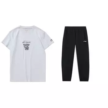 Li Ning напечатанный буквенный свитер с круглым вырезом, футболка с коротким рукавом и длинные брюки с манжетами на средней талии, повседневный спортивный комплект для мужчин, комплекты AHST467-1+AYKT415-1 S