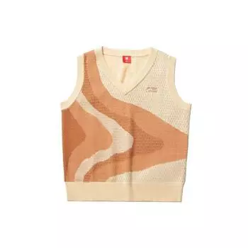 Li Ning Неделя моды в Париже Колорблок Свободный крой V-образный вырез Вязаный жилет Женские топы Бежевый AMVR002-3 XL