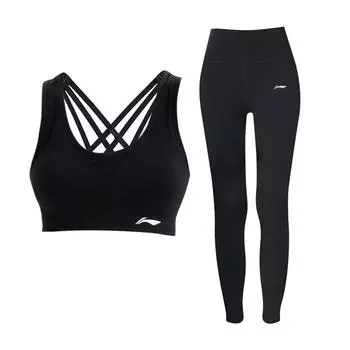 Li Ning Облегающий Амортизирующий Дышащий Фитнес Комплект Женская Спортивная Одежда Черный ZHMB002-1+ZHMU045-1 L