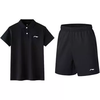 Li Ning однотонная дышащая рубашка поло с коротким рукавом с логотипом, быстросохнущие тренировочные шорты, повседневный спортивный комплект для мужчин, черный APLT137-1+AKST633-1 M