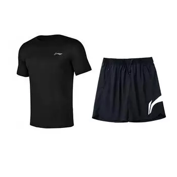 Li Ning Однотонная футболка с круглым вырезом и коротким рукавом, простой удобный универсальный дышащий шорты, повседневный спортивный костюм YTSU145-2+YKSV197-2 L