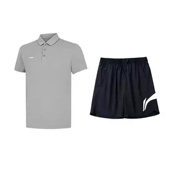 Li Ning Однотонная простая футболка-поло с коротким рукавом Удобная дышащая универсальная шорты Повседневный спортивный костюм Костюм унисекс APLV721-1+YKSV197-2 L