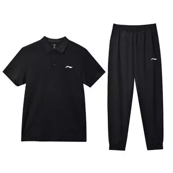 Li Ning Однотонный Дышащий Прямого Кроя С Коротким Рукавом Поло Быстросохнущий Эластичная Талия Длинные Брюки Повседневный Спортивный Костюм Мужской Костюм Черный YPLU073-2+AYKT415-1 S