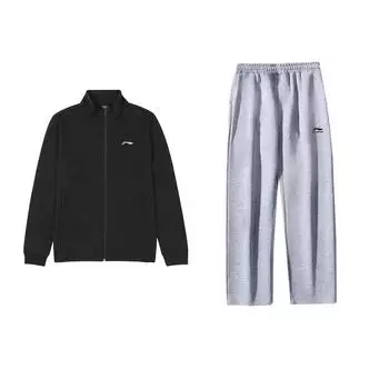 Li-Ning однотонный кардиган с воротником-стойкой, свободные прямые брюки с эластичной резинкой на талии, повседневный спортивный костюм, унисекс, спортивный костюм AWDUA35-1+AKLUA01-2 S