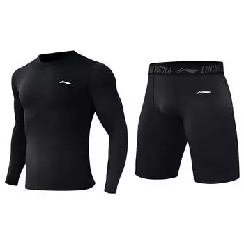 Li Ning однотонный круглый вырез пуловер с длинным рукавом футболка и шорты прямого покроя со средней талией фитнес-костюм мужской спортивный костюм черный YUDT061-1+YUST013-1 S