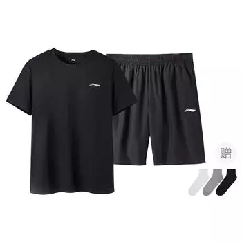 Li Ning однотонный круглый вырез свитер с коротким рукавом футболка и шорты средней талии повседневный спортивный комплект мужские комплекты черный YATU077-4 S