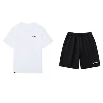 Li-Ning Однотонный круглый вырез свободного кроя с коротким рукавом и эластичной резинкой на талии, повседневные спортивные шорты, комплект унисекс AHST575-2 S