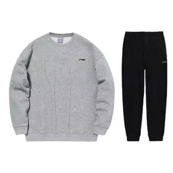 Li Ning однотонный свитер с круглым вырезом и флисовые спортивные штаны с манжетами, мужской комплект из толстовки и брюк серо-черного цвета AWDT615-2+AKLSC99-1 L