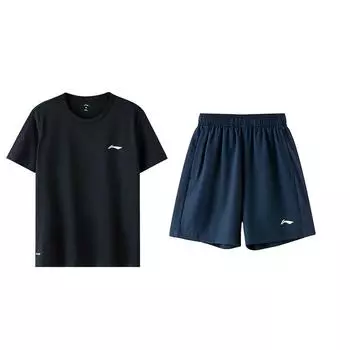 Li-Ning Однотонный свитер с круглым вырезом и логотипом, футболка с коротким рукавом и шорты, повседневный спортивный комплект для мужчин ATST641-1+AKST633-2 M