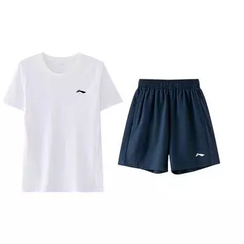 Li-Ning Однотонный свитер с круглым вырезом и логотипом, футболка с коротким рукавом, прямые шорты со средней талией, повседневный спортивный комплект для мужчин ATST641-2+AKST633-2 XL