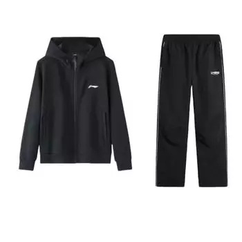 Li Ning однотонный свободный топ с капюшоном и заниженной линией плеча, эластичные длинные брюки со средней талией, повседневный спортивный костюм для мужчин, черный AYKU733-3+AWDT611-1 XXL