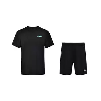 Li Ning Однотонный топ с круглым вырезом, удобный, с коротким рукавом, универсальные шорты со средней посадкой, простой модный спортивный костюм в стиле кэжуал AHST347-1+AAPU133-1 S