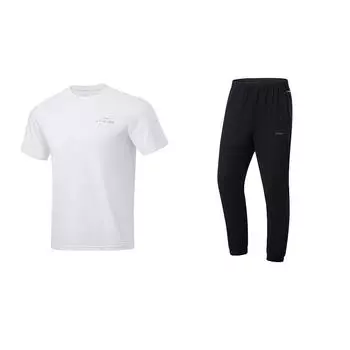 Li Ning однотонный удобный мягкий топ с круглым вырезом, коротким рукавом и средней талией, быстросохнущий, длинные брюки, повседневный спортивный костюм унисекс ATSU817-2+AYKU835-1 S