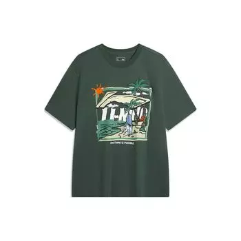 Li-Ning Охлаждающая удобная футболка с круглым вырезом и коротким рукавом с нарисованным вручную узором для мужчин, цвет кленовый-зеленый AHSU713-4 3XL