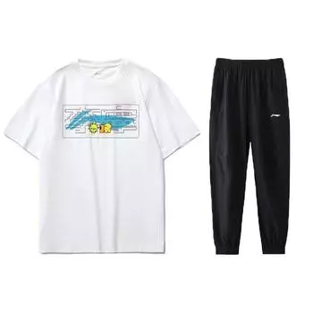Li-Ning Pattern Quick-Dry Breathable Loose Short Sleeve T-Shirt And Sports Pants Casual Sports Set Men sets White Black AHSR340-11+AYKS467-1 XL