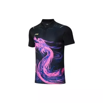 Li Ning Ping Pong Series Dragon Print Дышащая повседневная рубашка поло с коротким рукавом Мужские рубашки поло черного цвета APLR109-2 L