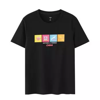 Li-Ning Ping Pong Series Pattern Print Round Neck T-Shirt Unisex Tops Black ATST031-3