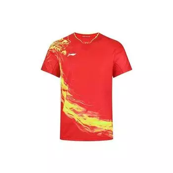 Li-Ning Быстросохнущая спортивная футболка для соревнований по пинг-понгу с пламенным буквенным принтом и короткими рукавами, мужские топы, вишнево-красный AAYR357-1 S