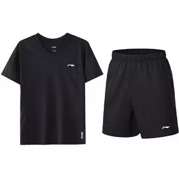 Li Ning Plain Легкий спортивный комплект из футболки с круглым вырезом и коротким рукавом и шорт, мужские комплекты, черный цвет ATSS447-1+AKSS445-1 L