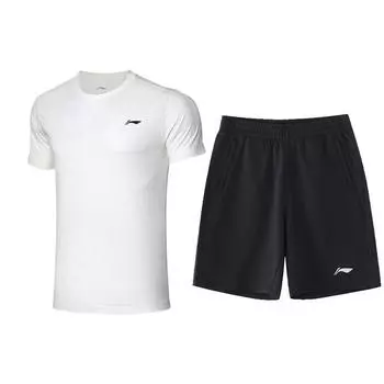 Li Ning Plain Logo Дышащая быстросохнущая спортивная футболка с коротким рукавом и шорты с круглым вырезом Комплект из мужских топов белого и черного цветов ATSS447-3+AKSS481-2 XL