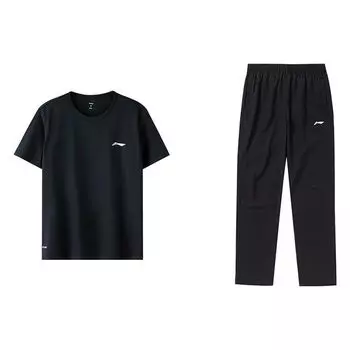 Li Ning Plain Logo Круглый вырез свитер с коротким рукавом футболка и средней талии прямые брюки повседневный спортивный костюм мужские комплекты ATST641-1+AYKT413-1 S