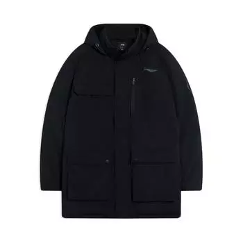 Li Ning Plain Logo Pattern Printed Hooded Long Sleeve Down Jacket Men Upperwear Black AYMS211-2 L