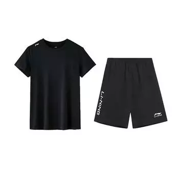 Li-Ning Plain Logo Simple Versatile Comfortable Quick-Dry Crew Neck Pullover Short Sleeve T-Shirt Casual Sports Suit Unisex Tops ATSV597-2+YKSV149-1 S