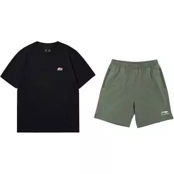 Li-Ning Plain Simple Comfortable Versatile Round Neck Pullover Short Sleeve T-Shirt Casual Sports Set Unisex Tops AHSU801-2+YKSV147-1 XL