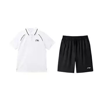 Li-Ning Plain Simple Short Sleeve Polo Shirt Versatile Breathable Quick Dry Shorts Casual Sports Suit Unisex suit YPLV051-1+AKSV843-1 L