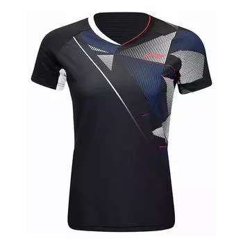 Li Ning Полосатая цветная блоковая рубашка с V-образным вырезом, удобная дышащая женская рубашка для бадминтона, черный цвет AAYU140-1 M