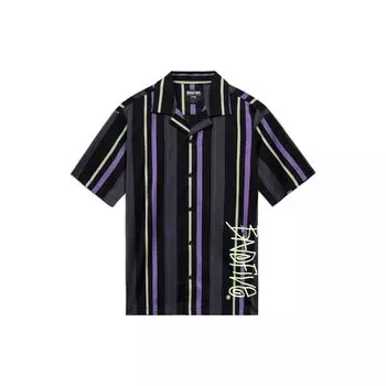 Li-Ning Полосатая хлопковая свободная повседневная рубашка с коротким рукавом Мужские рубашки черного цвета ASHS381-2 M