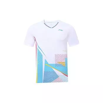 Li-Ning Полосатая рубашка для бадминтона с V-образным вырезом, быстросохнущая, мужская, стандартная, белая AAYT813-1 M