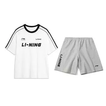 Li-Ning Полосатый С круглым вырезом Свободный Короткий рукав Однотонный Эластичный пояс Шорты Повседневный спортивный костюм Костюм унисекс YHSV367-1+YKSV131-1 M