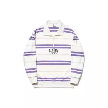 Li Ning Полосатый свитер-поло Свободный свитер-унисекс Толстовка Off-White Standard-White Bellflower-Purple AWDT721-1 XL