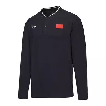 Li-Ning Повседневная футболка с длинным рукавом и бейсбольным воротником унисекс, темно-синяя APLU761-1 S