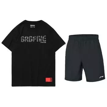 Li Ning Повседневная спортивная футболка с коротким рукавом и принтом букв, однотонный логотип, быстросохнущие шорты для бега, комплект из мужских топов и низов, черный цвет AHSP077-6+AKSS985-1 XL