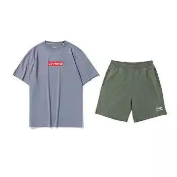 Li Ning Принт логотипа буквами Свободный Дышащий Удобный Пуловер с круглым вырезом Короткий рукав Шорты с завязками Повседневный Спортивный костюм AHST461-3+YKSV147-1 XL
