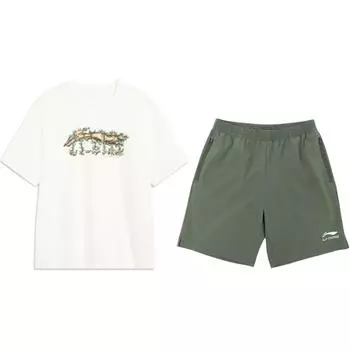 Li Ning Принт логотипа с буквами и растениями Модный универсальный пуловер с круглым вырезом и короткими рукавами Шорты со средней посадкой на завязках Повседневный спортивный костюм AHSU973-1+YKSV147-1 XL