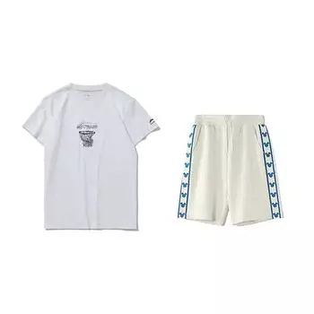 Li-Ning Printed Basketball Round Neck Short Sleeve Fashion Comfortable Five Point Pants Casual Sports Suit Unisex Sportswear AHST467-1+YKSV129-1 S