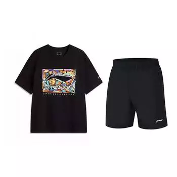 Li-Ning Printed Breathable Round Neck Top Comfortable Simple Versatile Casual Sports Suit Unisex Tops Black AHSV291-2+YKST119-1 XL