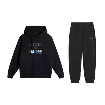 Li-Ning Printed Letter Pattern Loose Hooded Drop Shoulder Long Sleeve Elastic Waist Long Pants Casual Sports Suit AWDV245-1+AKLSG35-1 XL