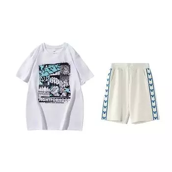 Li-Ning Printed Loose Short Sleeve T-Shirt Comfortable Versatile Skin-Friendly Shorts Casual Sports Set Unisex sets AHSUA27-1+YKSV129-1 S