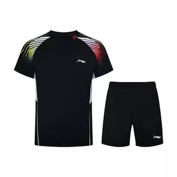 Li-Ning Printed Quick-Dry Round Neck Short Sleeve Casual Sports Suit Unisex suit Black AATU055-1 M