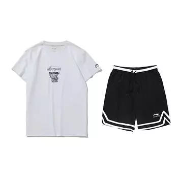 Li-Ning Printed Round Neck Short Sleeve T-Shirt And Striped Mid-Waist Five-Point Shorts Casual Sports Set Unisex Sets AHST467-1+YAPV001-1 M