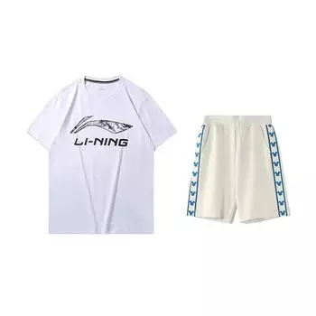 Li-Ning Printed Simple Versatile Round Neck Short Sleeve Loose Fashion Comfortable Shorts Casual Sports Suit Unisex suit YHST165-1+YKSV129-1 S