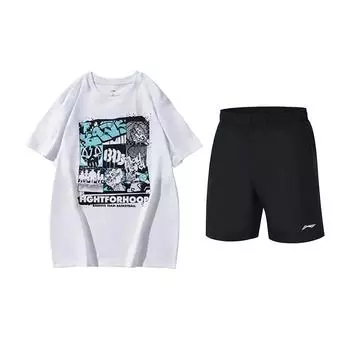 Li-Ning Printed Versatile Loose Top Comfortable Simple Breathable Casual Sports Suit Unisex Tops White Black AHSUA27-1+YKST119-1 L