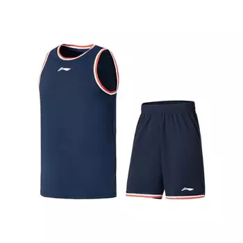 Li-Ning Профессиональная баскетбольная серия с принтом логотипа, полосатый круглый вырез, жилет, шорты, баскетбольный комплект, мужской баскетбольный комплект, синий AATS003-1 M