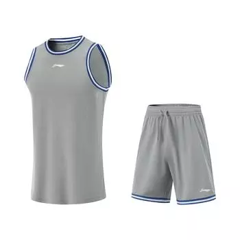 Li-Ning Professional Basketball Series Striped Pullover Round Neck Vest Sports Casual Simple Shorts Basketball Set Men sets Ultimate-Gray AATV001-9 S