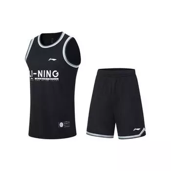 Li-Ning Профессиональная баскетбольная серия с буквенным принтом логотипа, жилет с круглым вырезом и шорты, комплект мужской спортивной одежды, черный AATT027-1 L